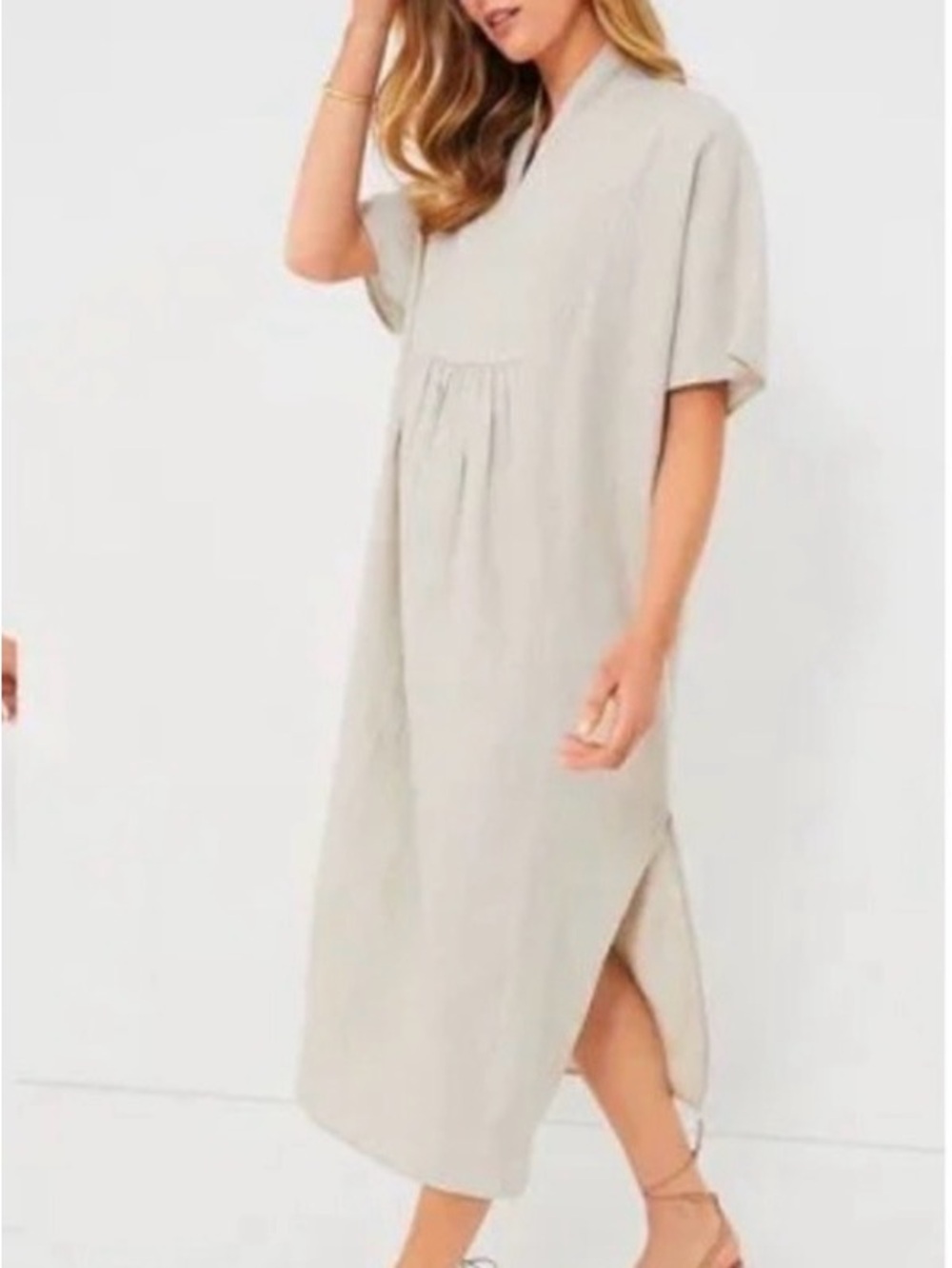 Light Beige V-Neck Maxi Linen Dress - Casual Relaxed Fit